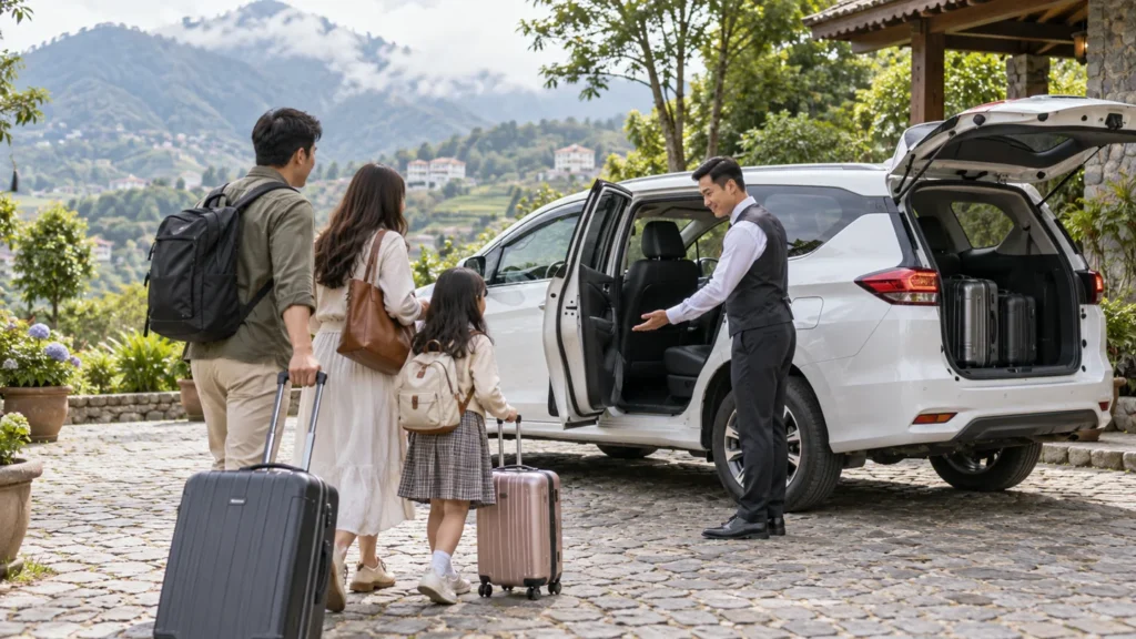 Tài xế đón gia đình cùng vali bên xe MPV trắng