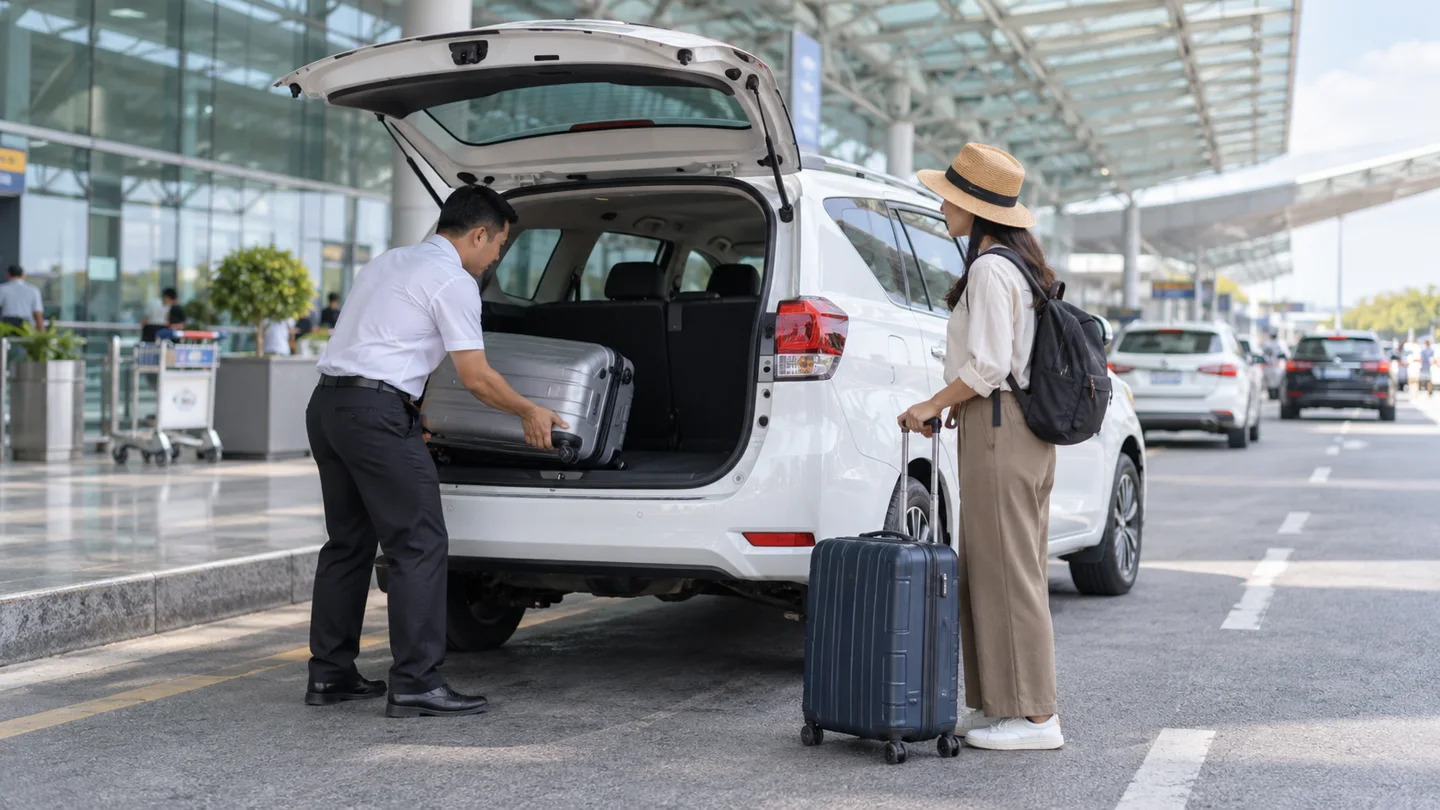 Tài xế hỗ trợ vali cho hành khách bên xe tại khu vực đón sân bay