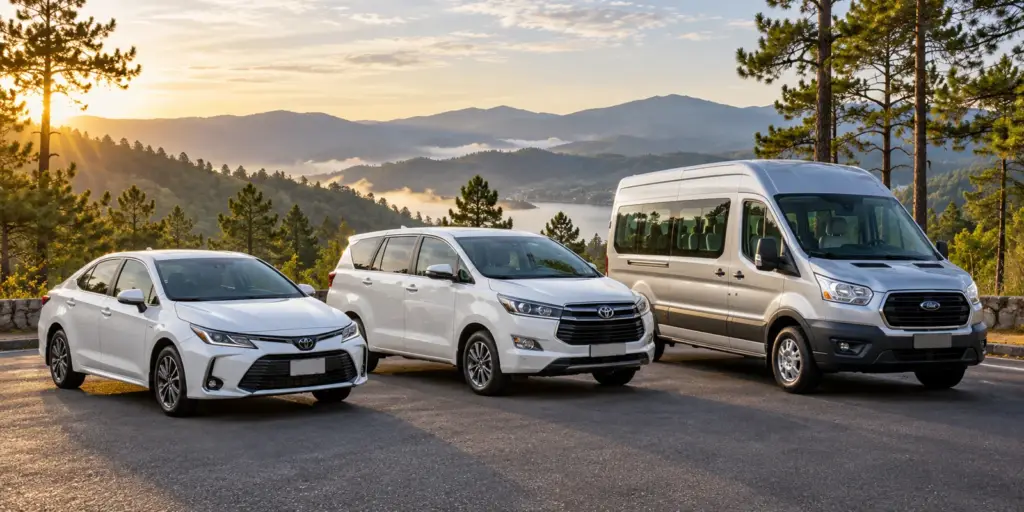 Ảnh minh họa ba nhóm xe sedan, MPV và minibus trong bối cảnh cao nguyên