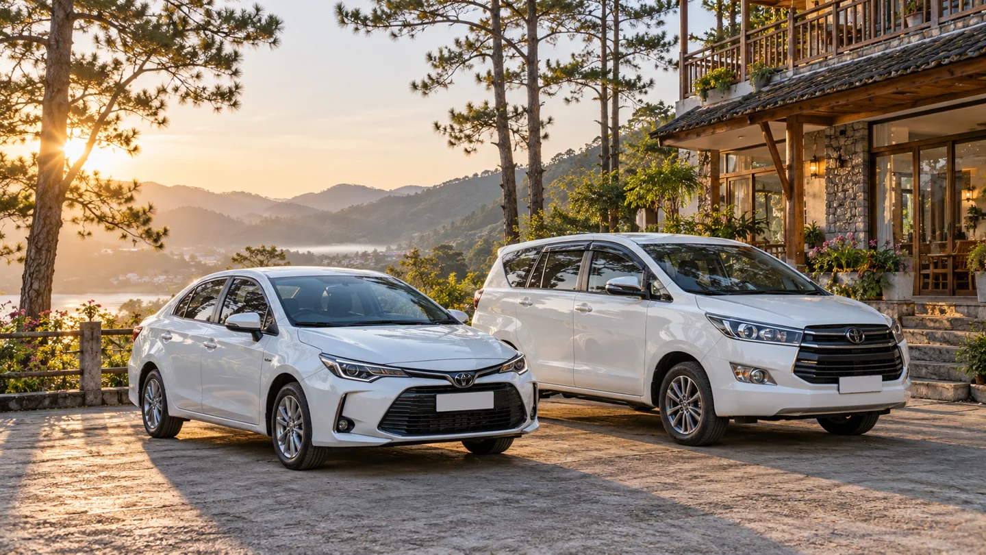 Sedan trắng và MPV trắng đỗ cạnh nhau trước nơi lưu trú có cây xanh