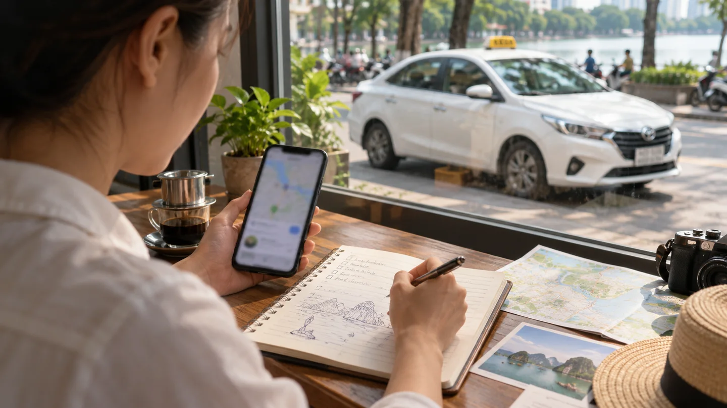 Người dùng điện thoại và sổ ghi lịch trình, xe taxi nhìn qua cửa sổ